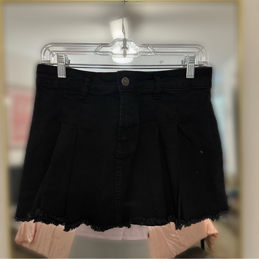 Black Denim Pleated Mini Skirt